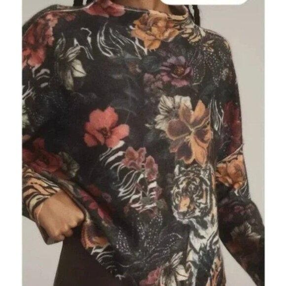 Anthropologie Pilcro Alani Cashmere Mock Neck Floral Tiger Sweater Size S NWT - Picture 2 of 9